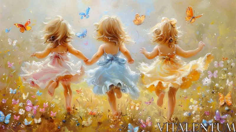 Joyful Girls Running in Flower Field AI Image