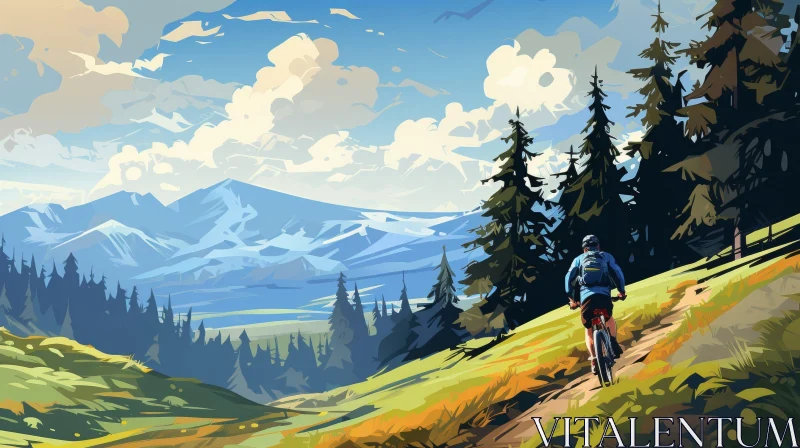 Mountain Biker Descending Trail Digital Painting AI Image