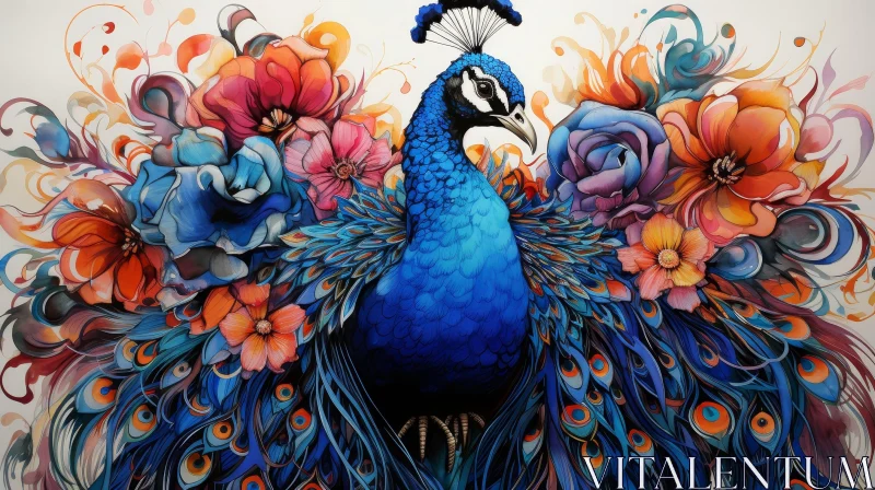AI ART Peacock Watercolor Painting with Floral Background