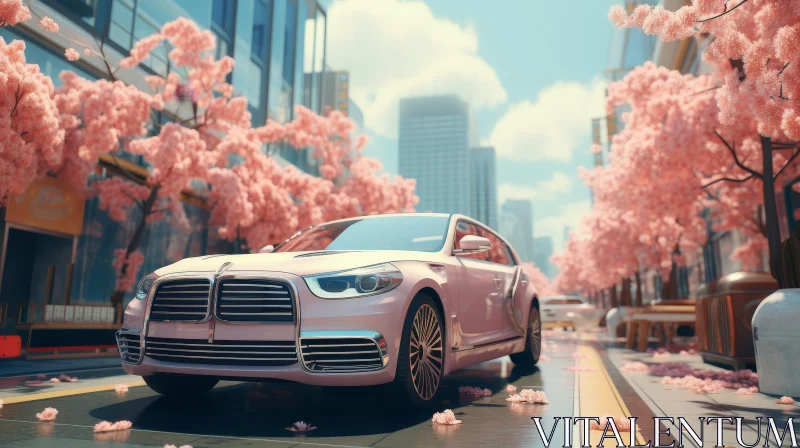 Pink Luxury Car 3D Rendering in City Street with Cherry Blossoms AI Image