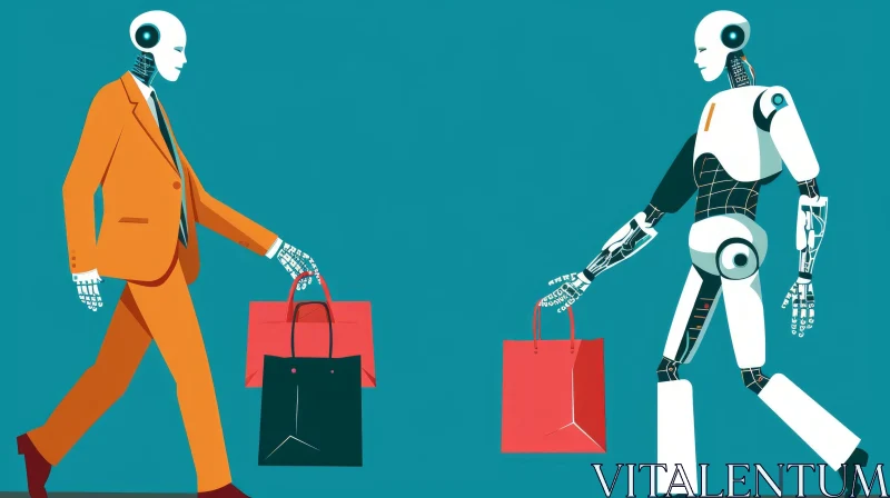 Playful Illustration of Two Robots Walking with Shopping Bags AI Image