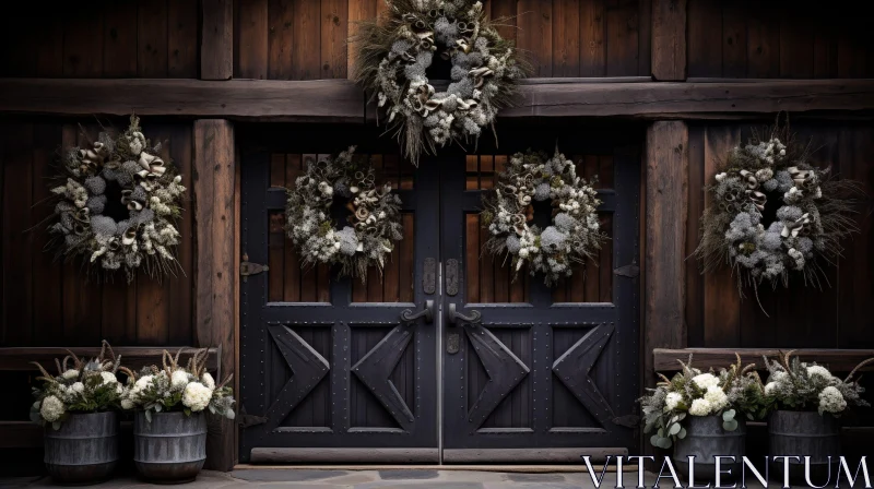 AI ART Rustic Wooden Door with Dried Flower Wreaths
