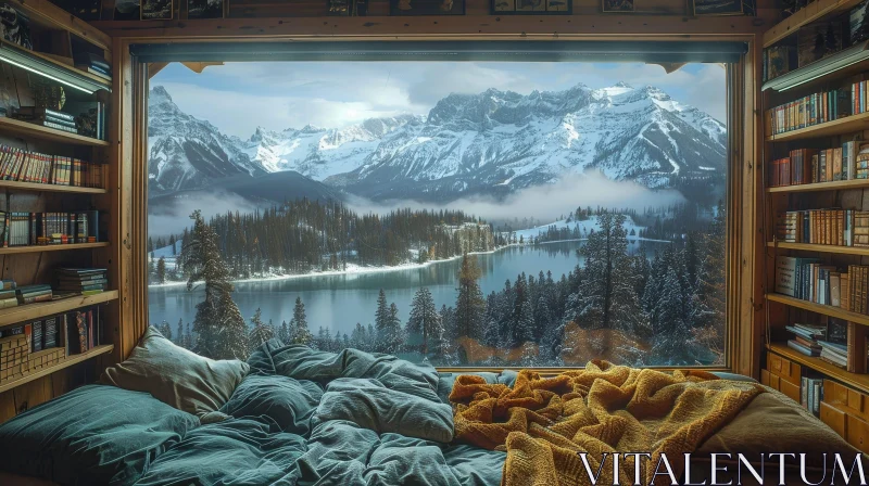 Serene Mountain View Cozy Bedroom AI Image