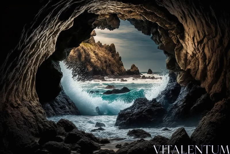 Surreal Cave with Crashing Waves | Wildlife Photography AI Image