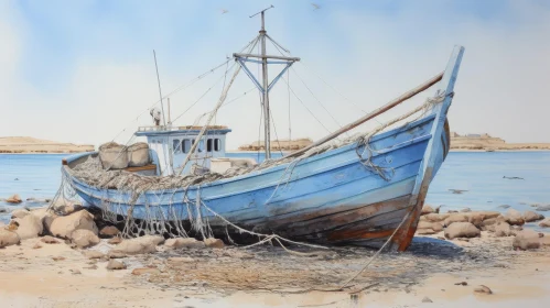 Tranquil Blue Fishing Boat Watercolor Painting