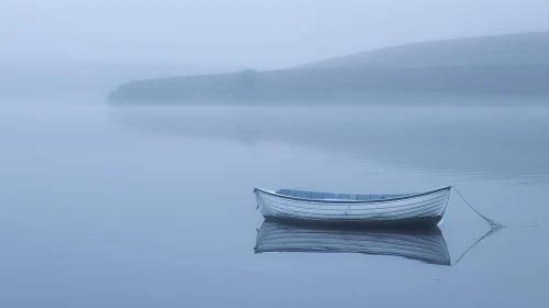 Tranquil Morning Lake Landscape with Mist and Boat