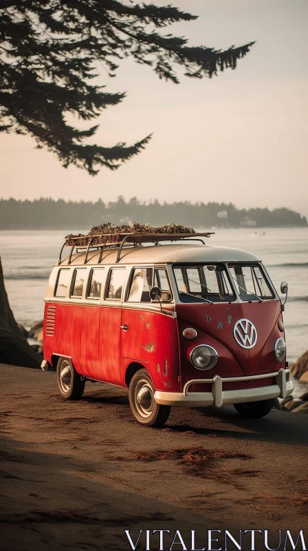 Vintage Volkswagen Type 2 Bus Sunset Beach Scene AI Image