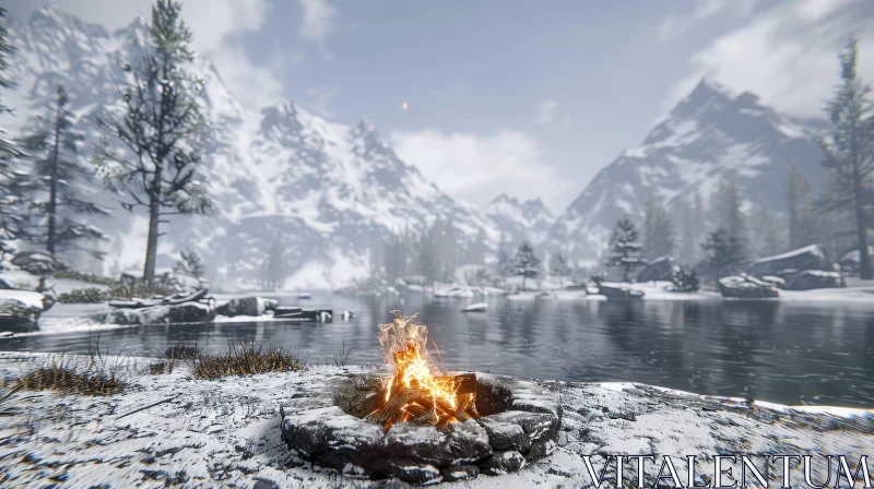 Winter Landscape with Bonfire and Frozen Lake AI Image