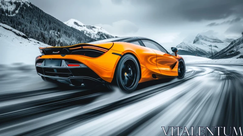 Yellow McLaren 720S Supercar Speeding Through Snowy Mountains AI Image