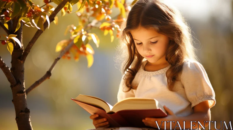 Young Girl Reading in a Peaceful Park Setting AI Image