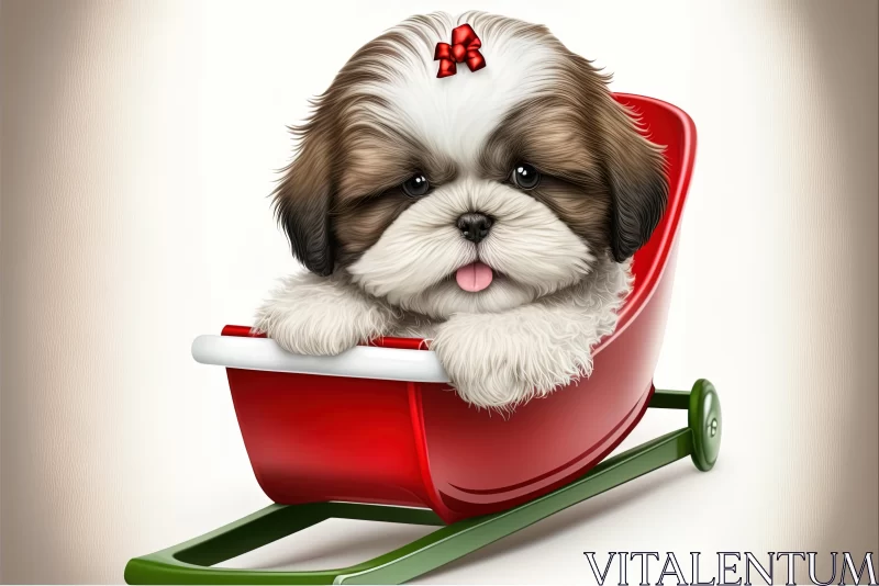Adorable Shih Tzu Puppy in Red Sleigh | Playful 2D Game Art AI Image