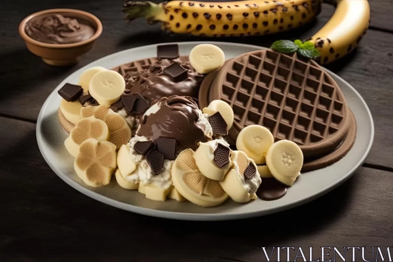 Captivating Hyperrealistic Composition: Chocolate Waffles on Banana Plate AI Image