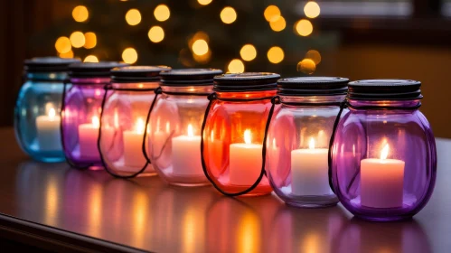 Colorful Glass Jars and Candles on Wooden Table