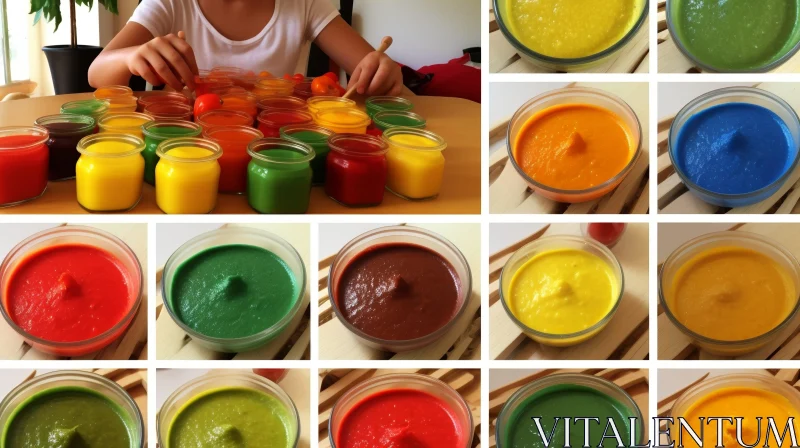 Colorful Pureed Foods in Glass Jars - Child's Hands AI Image