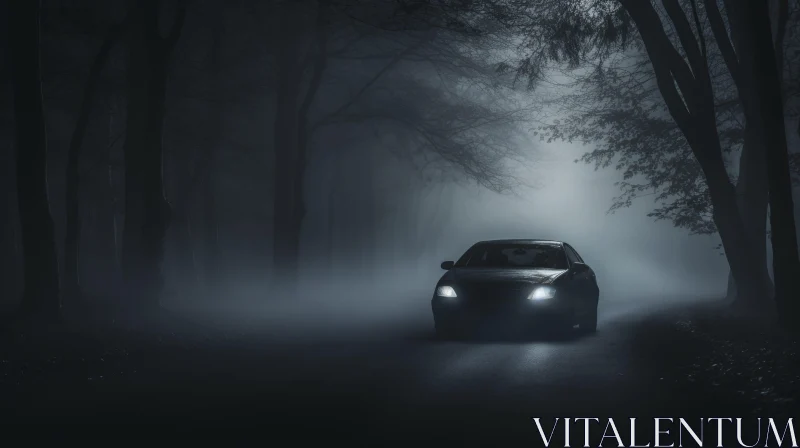 Dark and Foggy Forest Car Drive at Night AI Image