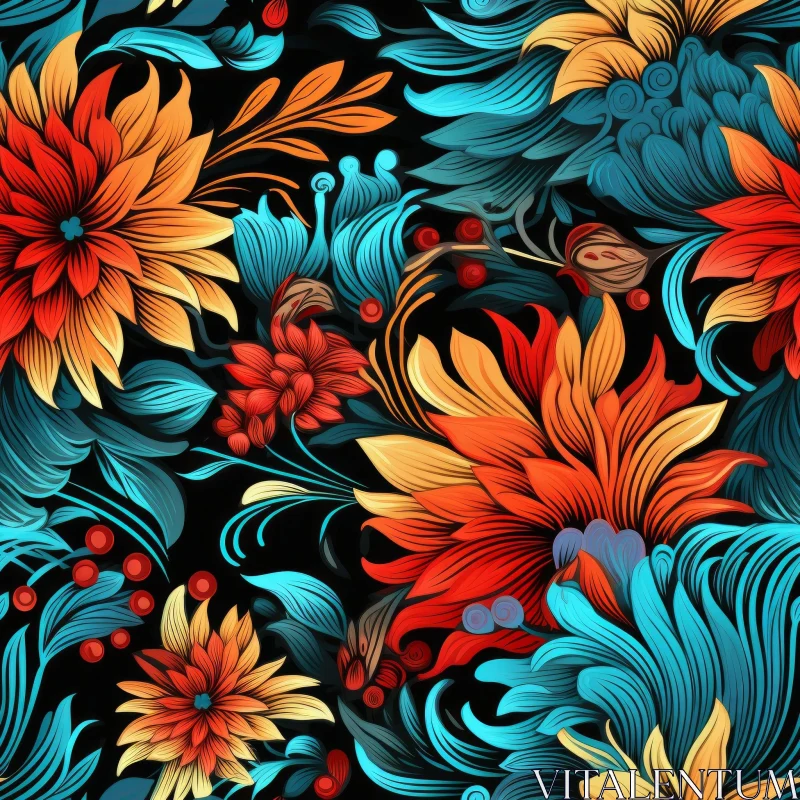 Dark Blue Floral Pattern with Colorful Flowers AI Image