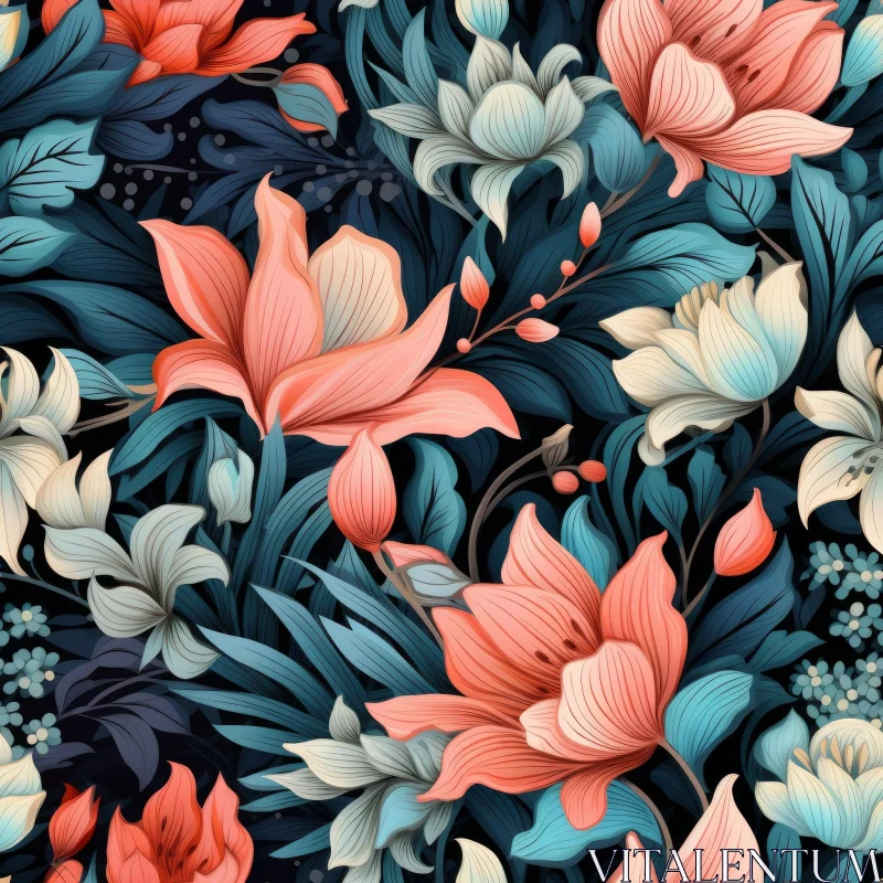 Dark Blue Floral Pattern with Pink and White Flowers AI Image