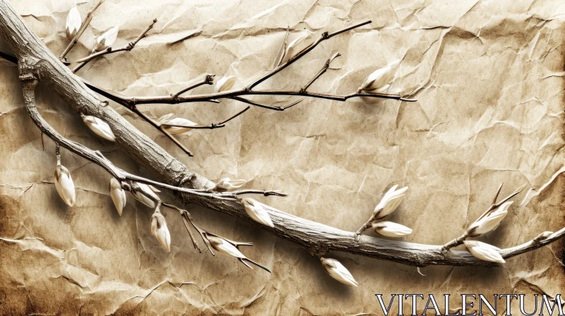 Delicate White Buds on Tree Branch against Crumpled Brown Paper Background AI Image