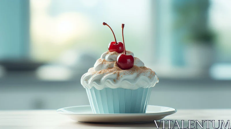 AI ART Delicious Cupcake with Cherries on Blue Wrapper