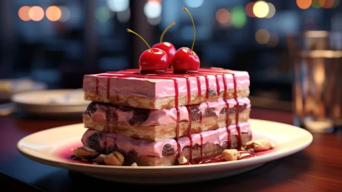 Delicious Three-Layer Sponge Cake Dessert with Cherries and Nuts