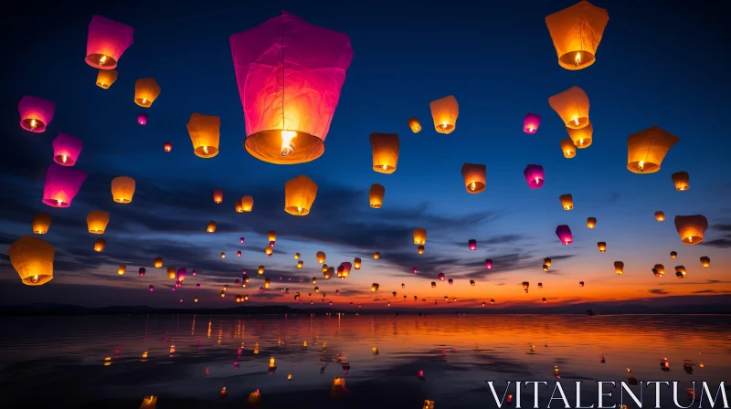 Dreamy Sunset with Colorful Lanterns AI Image