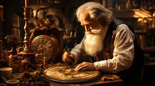 Elderly Craftsman Working on Clock in Workshop