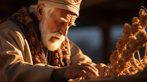 Elderly Man Carving Wooden Figure | Warm Color Background