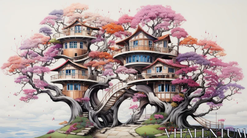 Fantasy Realism: An Intricate Tree House Panorama AI Image