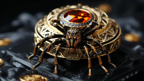Golden Spider with Red Jewel - 3D Rendering