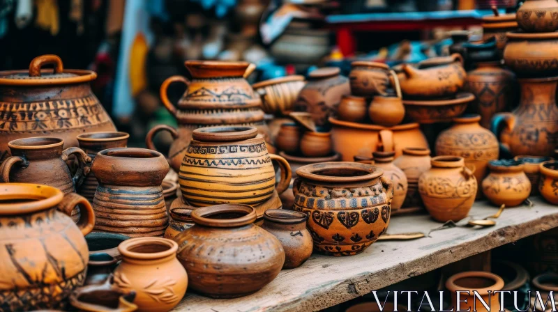 Handmade Clay Pots and Pottery Collection on Wooden Table AI Image