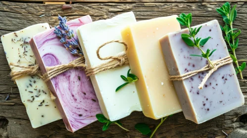 Handmade Soap Bars on Wooden Background with Lavender
