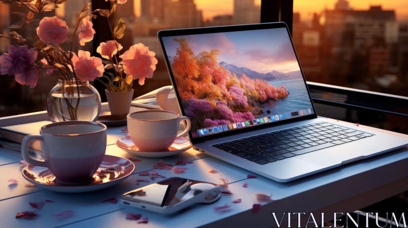 AI ART Laptop on Table with Cityscape View