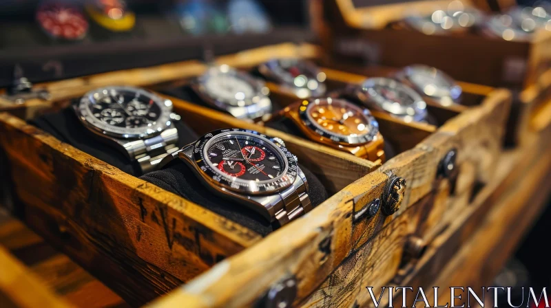 Luxury Watches Collection in a Wooden Box - Exquisite Timepieces AI Image