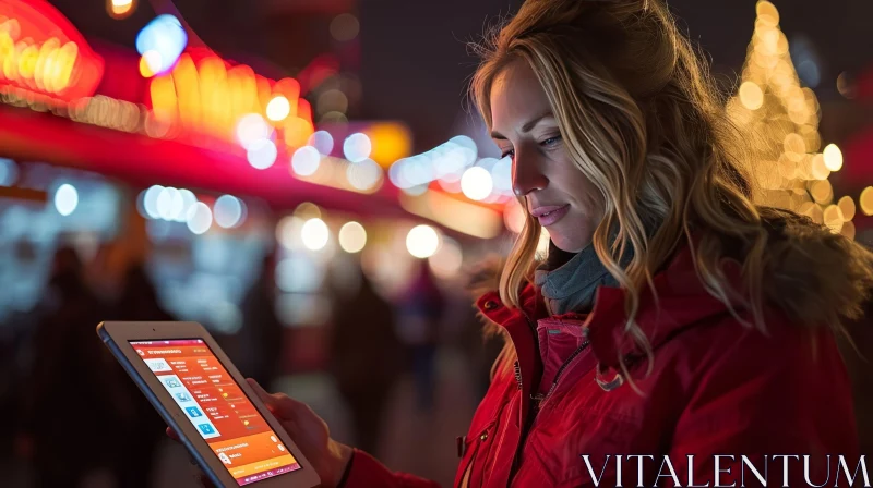 Night Cityscape: Young Woman Using Tablet in Vibrant Red Jacket AI Image