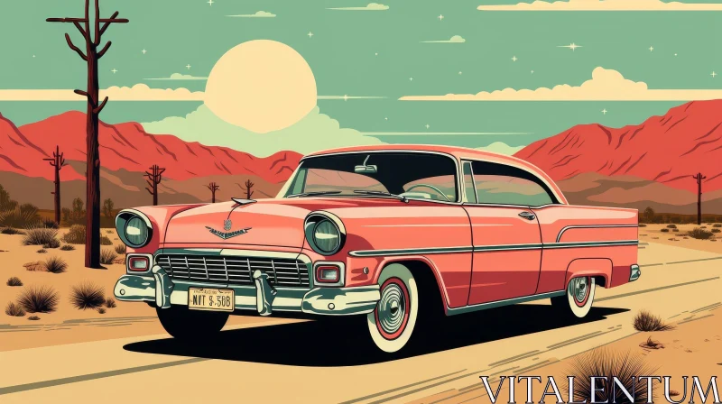 AI ART Pink 1950s Chevrolet Bel Air Driving in Desert - Retro Illustration
