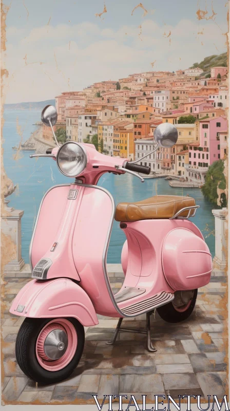 Pink Vespa Scooter Painting Overlooking Coastal Town AI Image