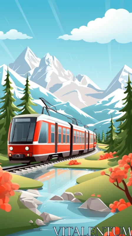 Red Train in Snowy Mountains | Vector Illustration AI Image