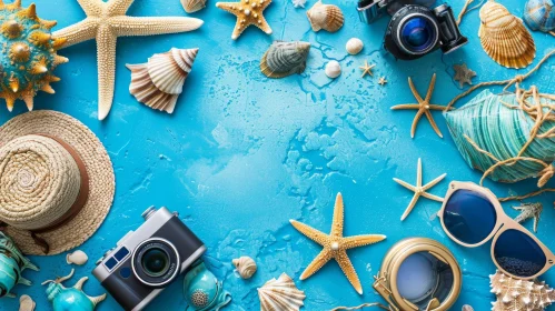 Seashells, Starfish, Straw Hat, Cameras, and Sunglasses on Blue Background