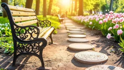 Serene Park Scene: Wooden Bench, Pink Tulips, and Natural Beauty