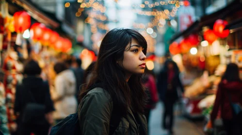 Thoughtful Woman in a Vibrant Asian Market - Captivating Image