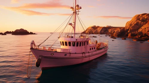 Tranquil Scene of Pink Fishing Boat in Serene Bay