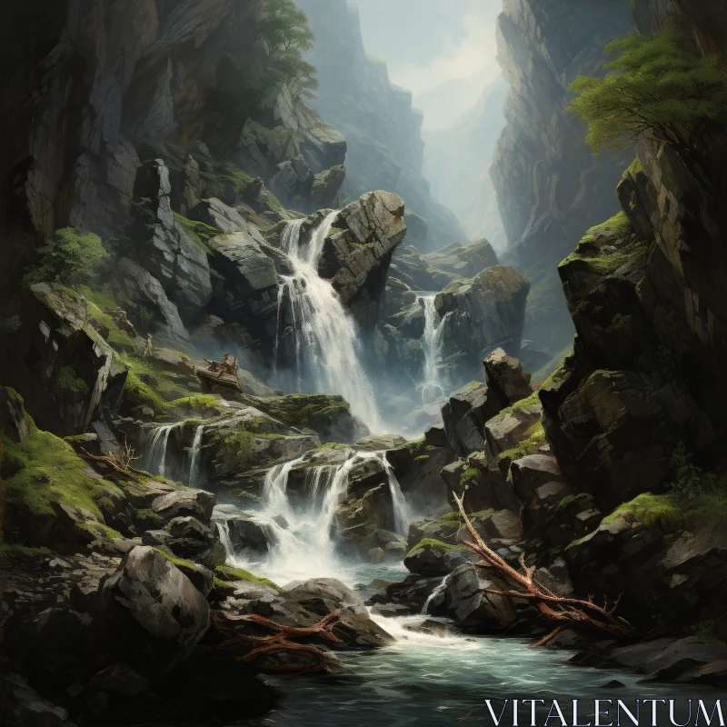Waterfall in Rocky Gorge - Serene Landscape Painting AI Image