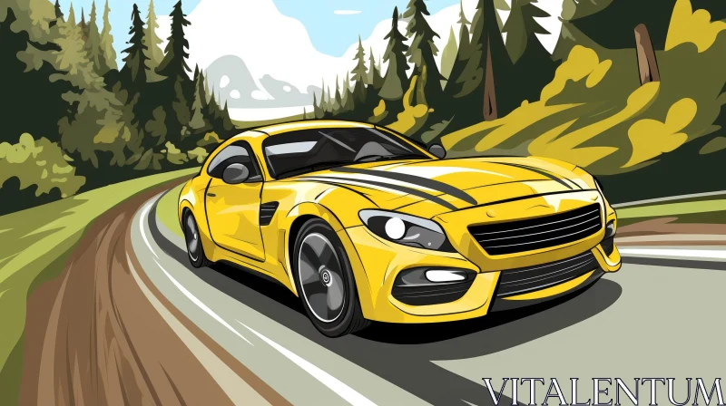 Yellow Sports Car Driving Through Forest AI Image