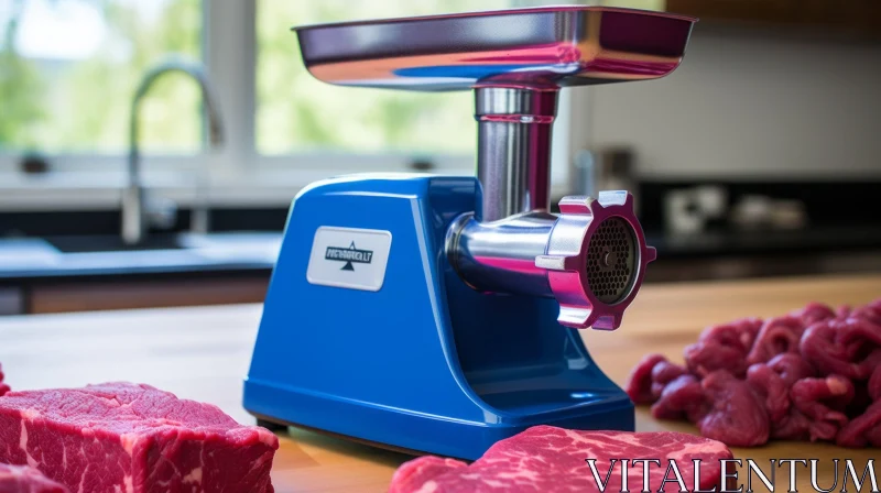 Blue Meat Grinder in Modern Kitchen AI Image