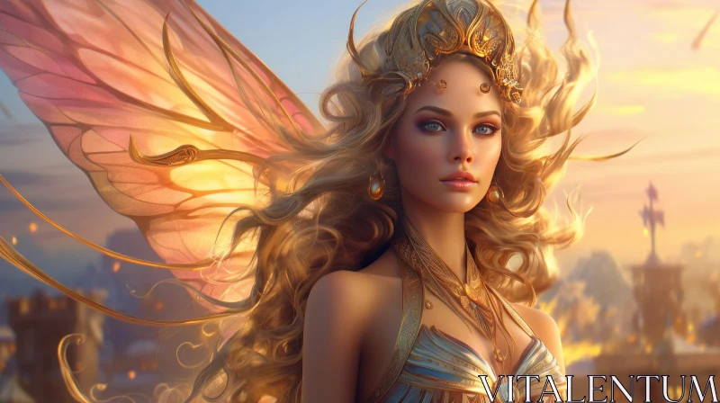 Enchanting Fairy Portrait with Golden Crown and Wings AI Image