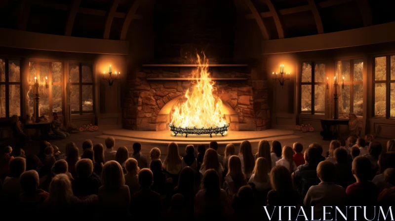 Festive Gathering around Fireplace - An American Barbizon School Influence AI Image
