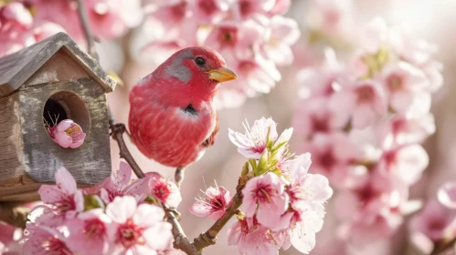 Graceful Pink Bird on Blossoming Tree | Delicate Flowers