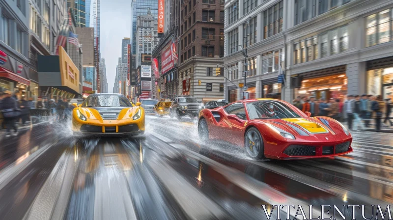 High-Speed Sports Cars Racing Through City Streets AI Image