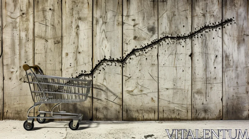 AI ART Intriguing Composition: Shopping Cart Against Weathered Wooden Wall