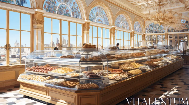 Luxurious Bakery Interior with Pastries and Natural Light AI Image